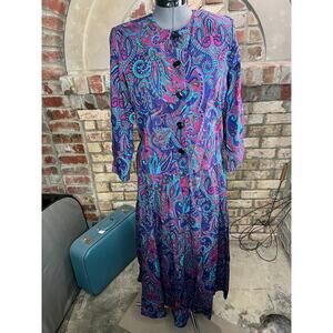 skirt set paisley fuchsia purple teal button front blouse swing skirt 1980s